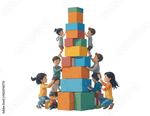 Kids Building Tall Blocks Tower: Educational Play, STEM Learning & Fun Activity
