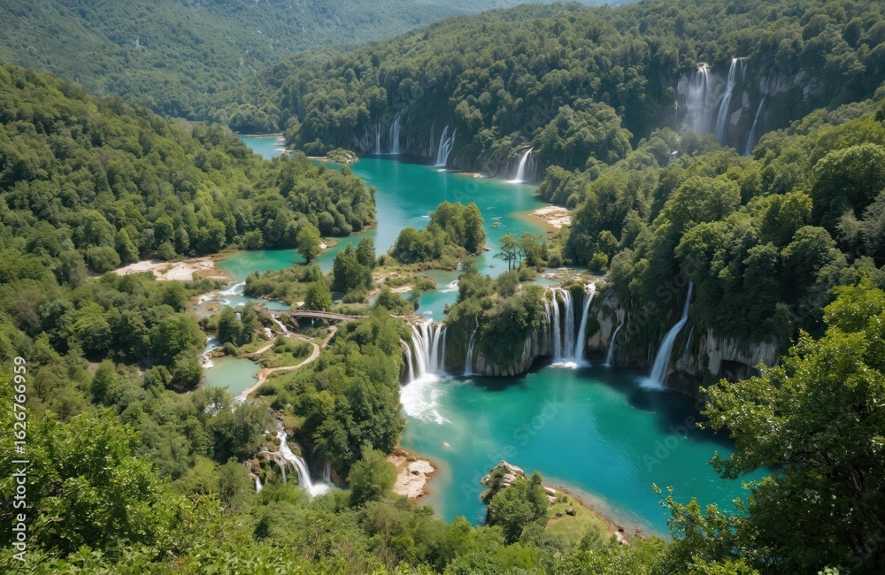 Fototapeta premium Stunning illustration of Plitvice Lakes National Park in Croatia, featuring cascading waterfalls, vibrant turquoise lakes surrounded by rich green forests. Pathways, bridges wind through natural