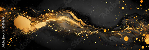 Abstract Fluid Art with Gold Ink Swirls on a Dark Background