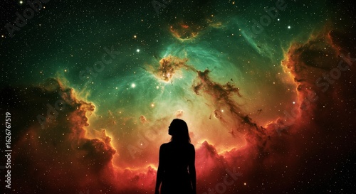 Person silhouetted against a spectacular multicolored nebula in space