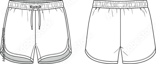 Women’s running shorts technical flat sketch, front and back view with drawstring waistband, cad drawing flat vector illustration