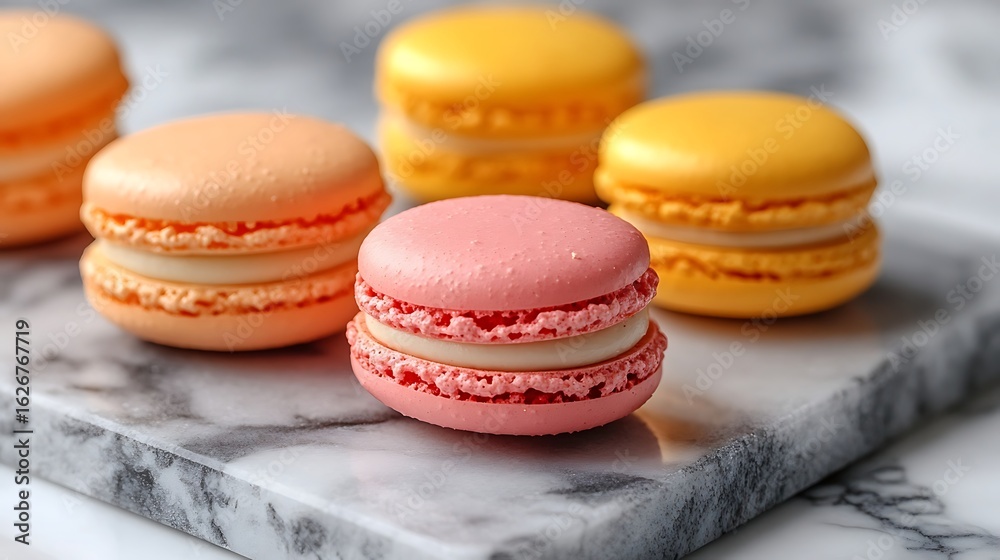 Obraz premium Vibrant macarons on a marble slab