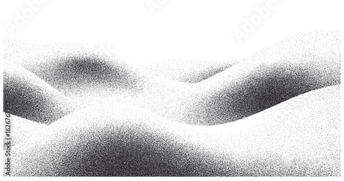 Monochrome sand texture with gritty grain overlay, digital glitch effect, stipple noise, halftone dots, and abstract wave gradient. Vector art of charcoal spray, particle scatter, retro ripple