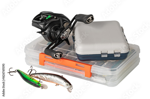 Canvas Print Fishing tackle with reel, lures, and box on transparent background