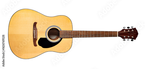 Acoustic guitar lying horizontally on transparent background