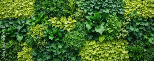 Close-up of green foliage wall texture. Diverse leafy plants create vibrant, natural background. Dense greenery wall perfect for modern interior exterior decor, offering eco-friendly, sustainable