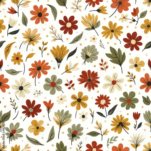 Wallpaper Mural Retro seamless pattern featuring variety of floral, leaf motifs in warm autumnal palette. Design includes stylized flowers with circular centers, pointed petals, interspersed with small branches, Torontodigital.ca