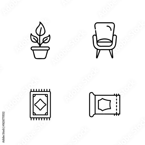 Four simple line art icons home decor objects plant chair rug leaf armchair