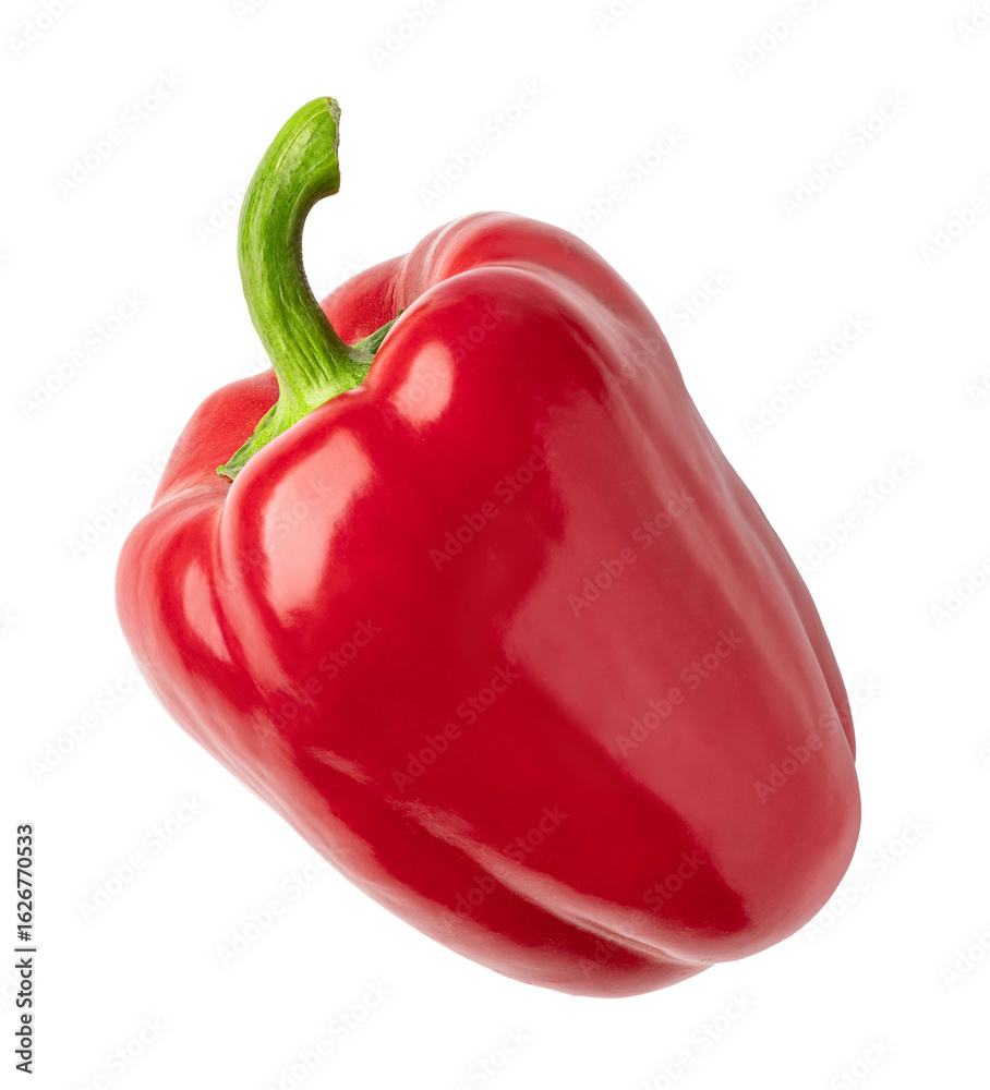 Obraz premium Fresh red bell pepper isolated on transparent background with green stem