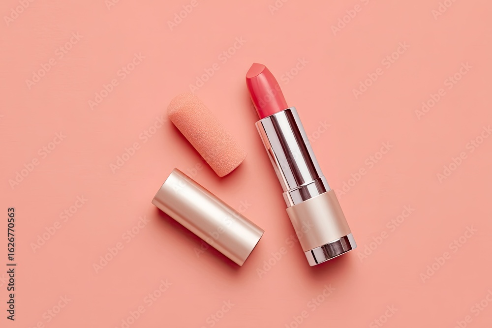Obraz premium Coral lipstick and applicators on a peach background