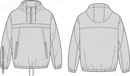 Hooded jacket sketch, full zipper front, drawstring hood, zippered pockets, adjustable hem, stitching details, fashion CAD, vector illustration