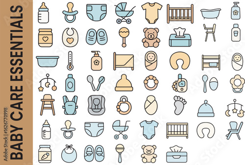 Baby Care Essentials and Newborn Products Colored Outline Icon Set