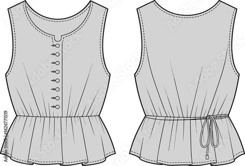 Sleeveless blouse sketch, button front, round neckline, peplum waist, tie back detail, fashion CAD, apparel design, vector illustration, technical drawing