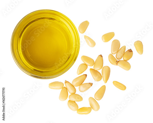 Bild auf Leinwand Pine nuts and cedar oil in a glass bowl on a transparent background