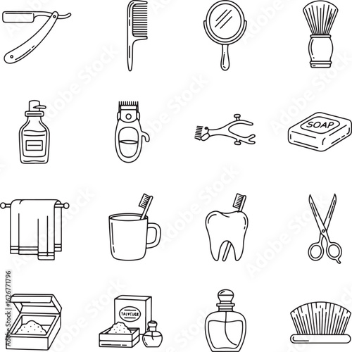 Traditional Washroom Icons: 45 Thin Line Classic Grooming Tools