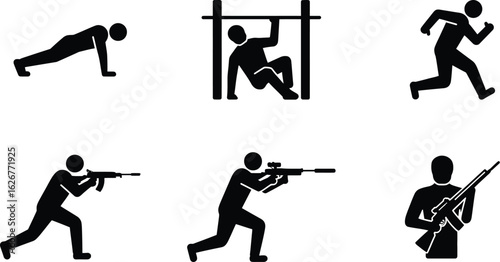 Military Training Silhouette Icons – Army Exercise and Combat Vector Set Isolated on Transparent Background.