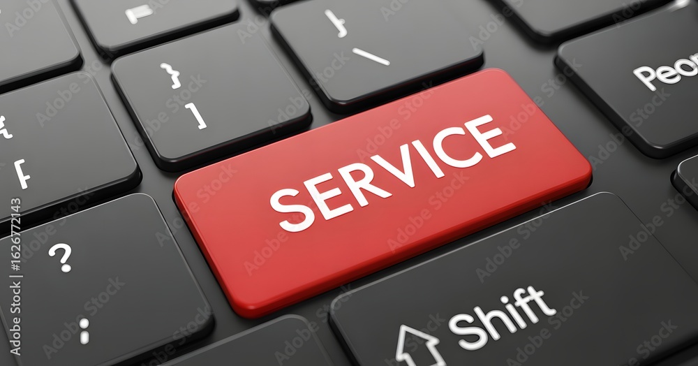 Service Key: A macro shot showcases a sleek black keyboard, with the vibrant red SERVICE key prominently displayed, representing accessibility and customer care. Service Key: A macro shot showcases a sleek black keyboard, with the vibrant red SERVICE key prominently displayed, representing accessibility and customer care.