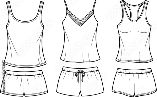 Women’s casualwear sketch, camisole, lace neckline, tank top, racerback, drawstring shorts, elastic waistband, fashion CAD, vector illustration, apparel design