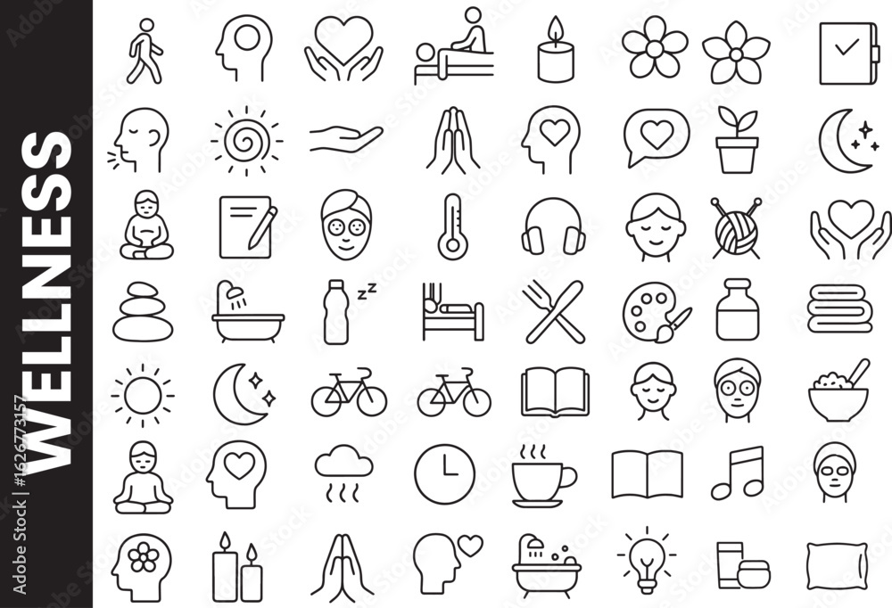 Naklejka premium Wellness, Mindfulness, and Self-Care Activities Line Icon Set