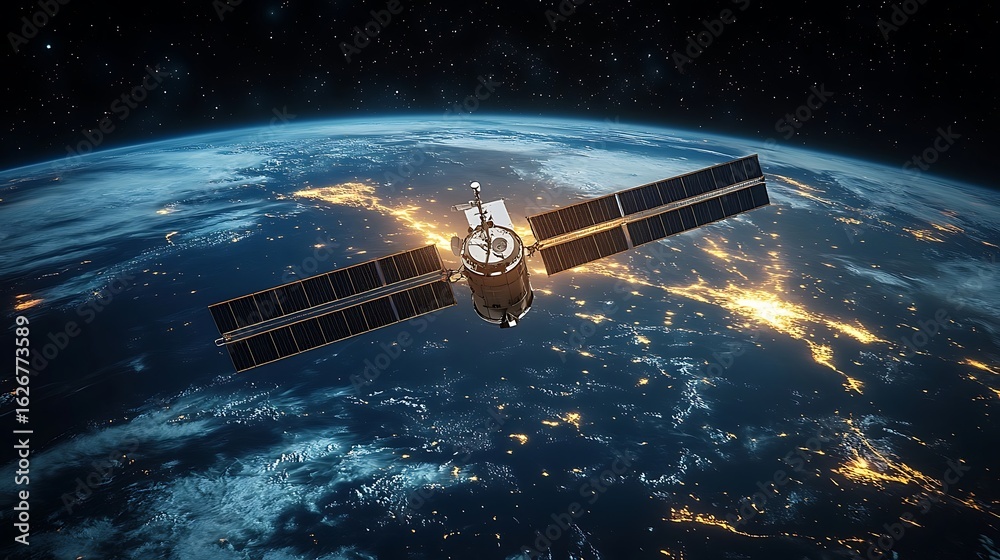 Obraz premium Space Satellite Above Earth at Night