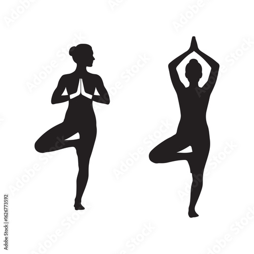 Yoga Pose Silhouettes, Tree Pose for Balance & Wellness Vector