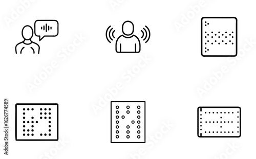 Person speaking with sound waves braille text icons speech bubble