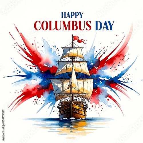 Happy columbus day greeting with a historic sailing ship and watercolor splash
