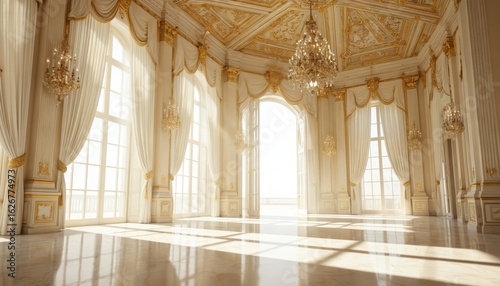 Sunlit elegant ballroom with grand palace interior. Features white marble floors, ornate gold detailing, crystal chandeliers, tall windows with flowing curtains. Luxurious, opulent, sophisticated