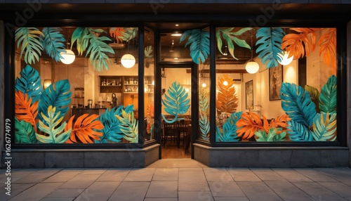 Restaurant window features stylishly adorned decorative stickers with vibrant tropical foliage. Eatery inviting ambiance amplified by trendy leaf patterns, warm interior lighting, creating chic,