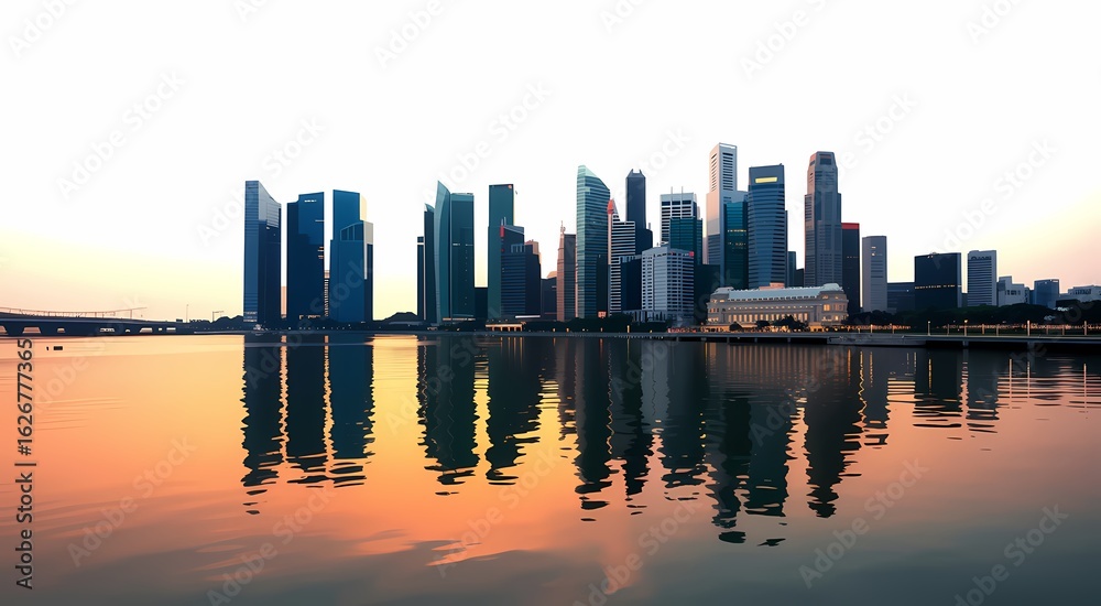 Fototapeta premium A panoramic view of a modern city skyline reflected in the water during golden hour