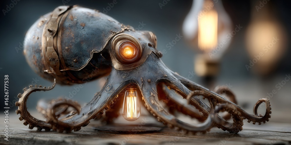 Fototapeta premium Steampunk octopus lamp illuminating workshop table