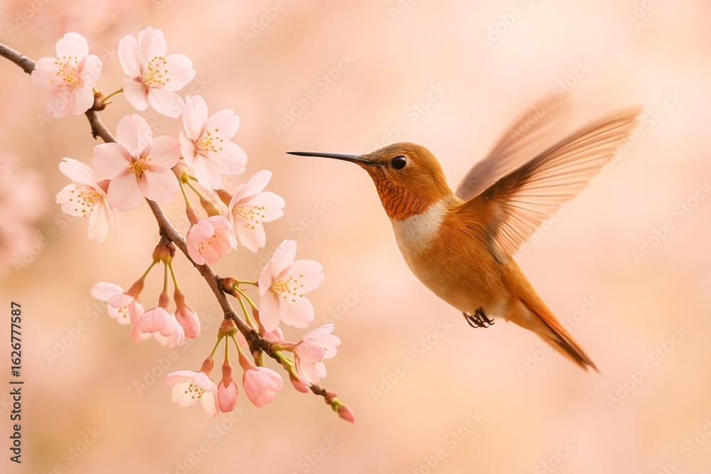 Naklejka premium Rufous hummingbird approaching pink cherry blossoms in soft focus nature wildlife