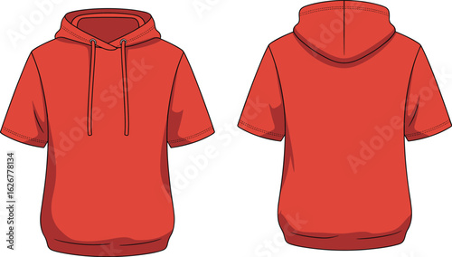 A short-sleeved red hoodie with drawstring and pocket, isolated front and back view on white background, casual streetwear fashion apparel design.