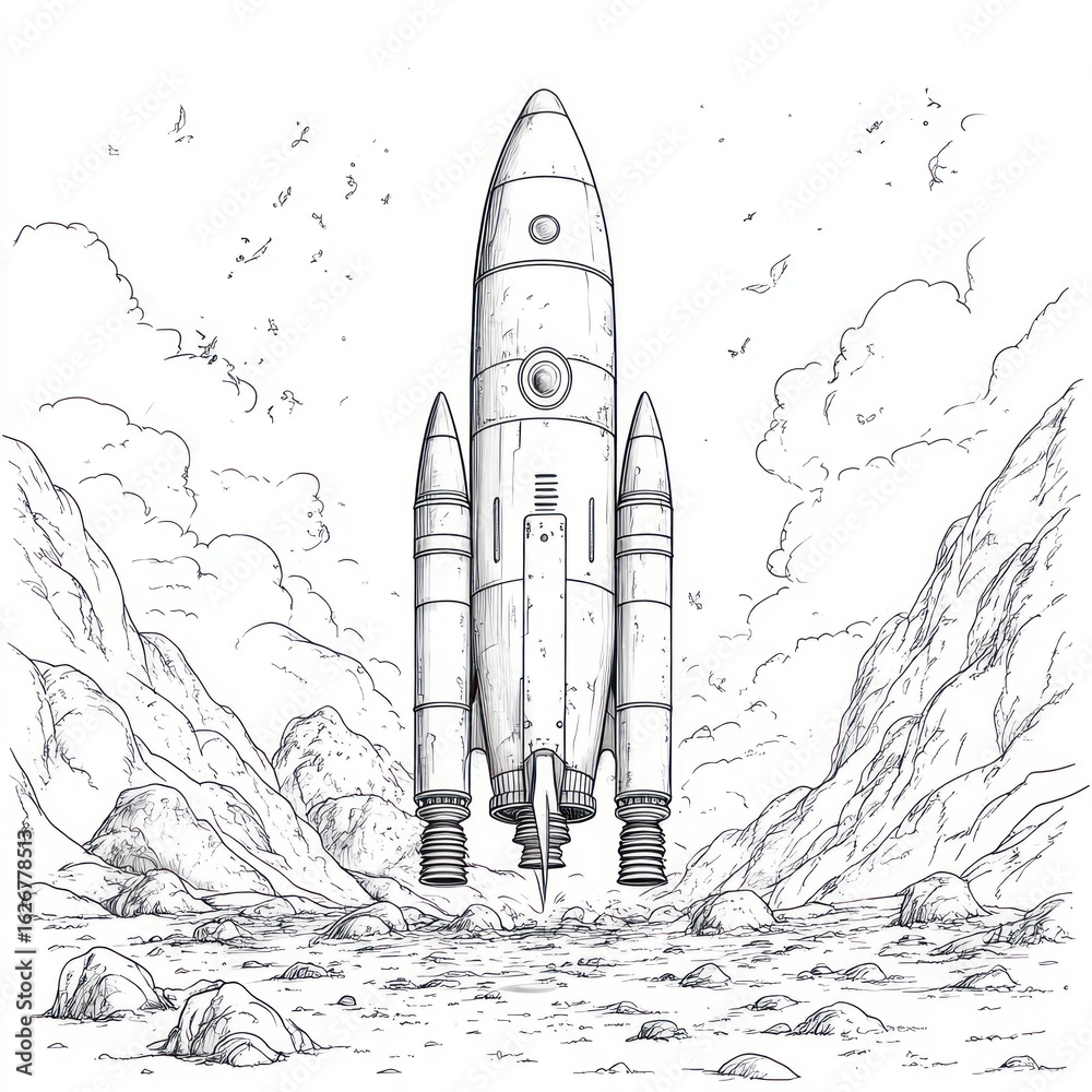 A powerful rocket ascends from rocky terrain surrounded by clouds and mountains A powerful rocket ascends from rocky terrain surrounded by clouds and mountains