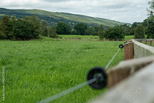 A blurry close-up of an electric fence post with a clear view of a green pasture and hills in the background with cattle grazing