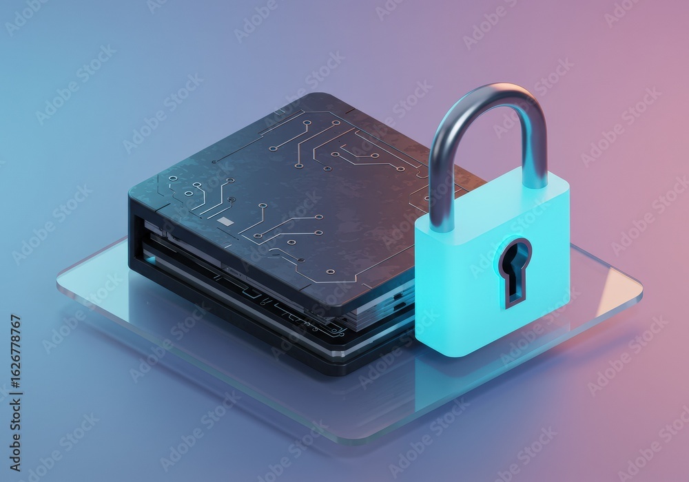 Conceptual 3D rendering of digital security and data protection with a padlock securing digital devices. Conceptual 3D rendering of digital security and data protection with a padlock securing digital devices.