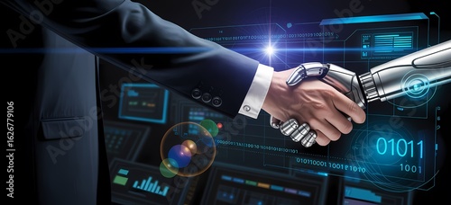Human and robot handshake, symbolizing partnership and technological integration