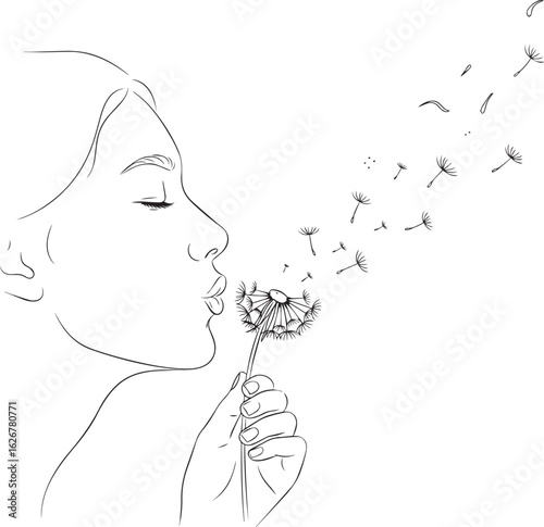 Minimalist line art of a woman blowing a dandelion, making a wish