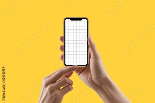 Hands holding a smartphone with a blank screen against a vibrant yellow background.