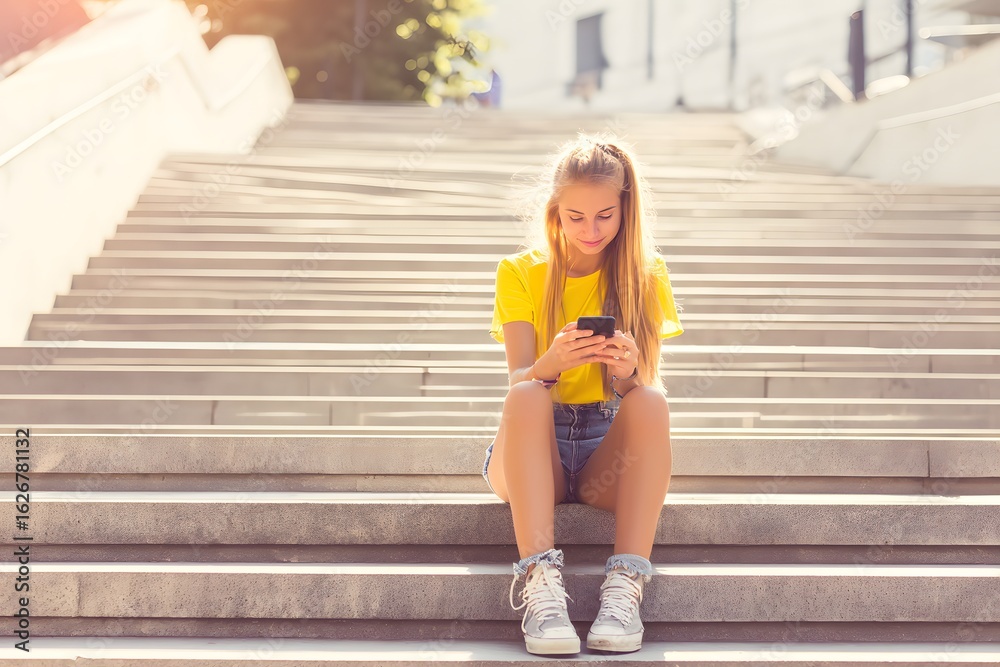 Obraz premium Teen girl texting on stairs in sunny outdoor setting Generative AI