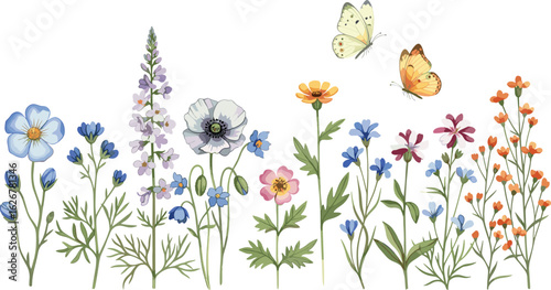 Watercolor seamless border with delicate abstract wildflowers, plants and flying butterflies, isolated hand-drawn print for textile, wallpapers or horizontal seamless pattern.