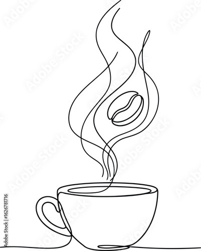 One-line drawing of a steaming coffee cup with coffee bean.