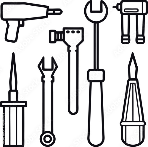 Collection of hand tools silhouette isolated on white background