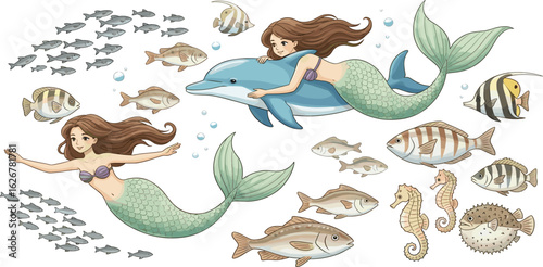 Watercolor seamless pattern with cute mermaids, small fishes and happy dolphin, isolated hand drawn illustration for textile, wallpaper or background.