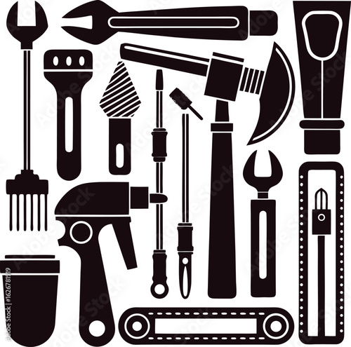 Collection of hand tools and mechanical parts silhouette isolated on white background