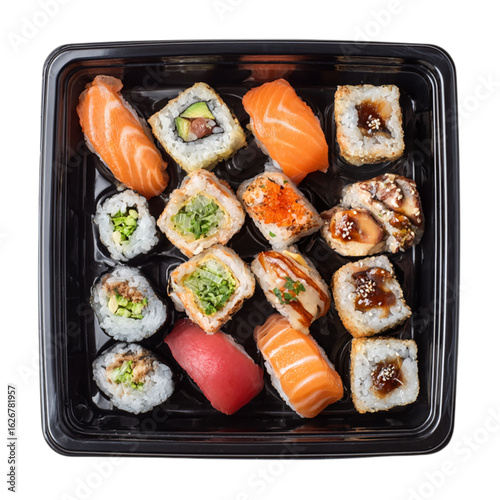 Wallpaper Mural Variety of sushi in plain black plastic top view on transparent background Torontodigital.ca
