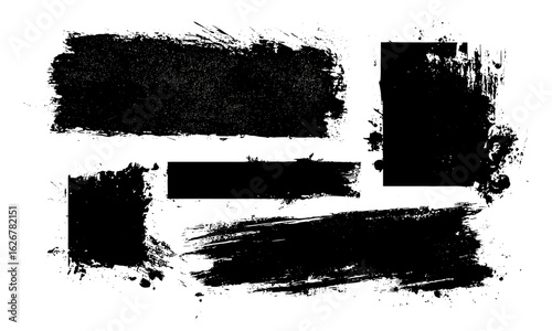Abstract grunge brush stroke textures with distressed ink and bold rectangular shapes. Vector illustration featuring paint splatter, rough edges, dry brush effect, decorative borders
