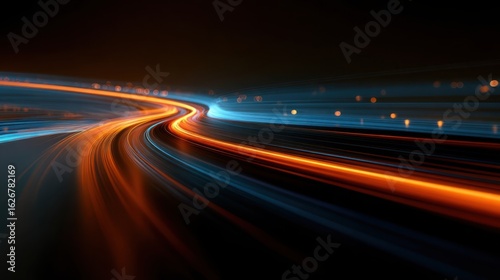 Streaks of orange and blue light blur on a dark highway at night