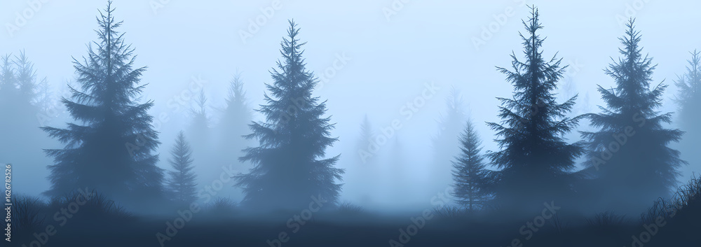 Obraz premium Mystical Fog Forest: Enshrouded in a delicate veil of ethereal fog, a picturesque evergreen forest stands in tranquil silence, evoking a sense of mystery and the raw essence of nature.