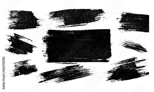 Bold distressed ink brush strokes with grunge paint splatter, rough edges, and dry brush texture. Abstract vector illustration featuring rectangle shapes, watercolor effects, and artistic marks